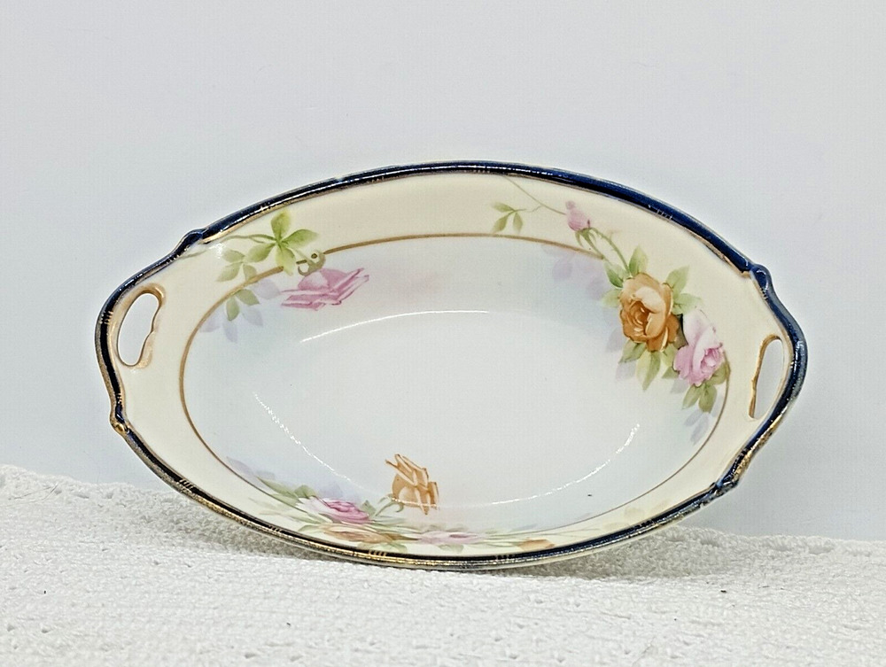 Nippon Hand Painted Blue Gold Edged Rim Double Handled Relish 7" x 5" Dish
